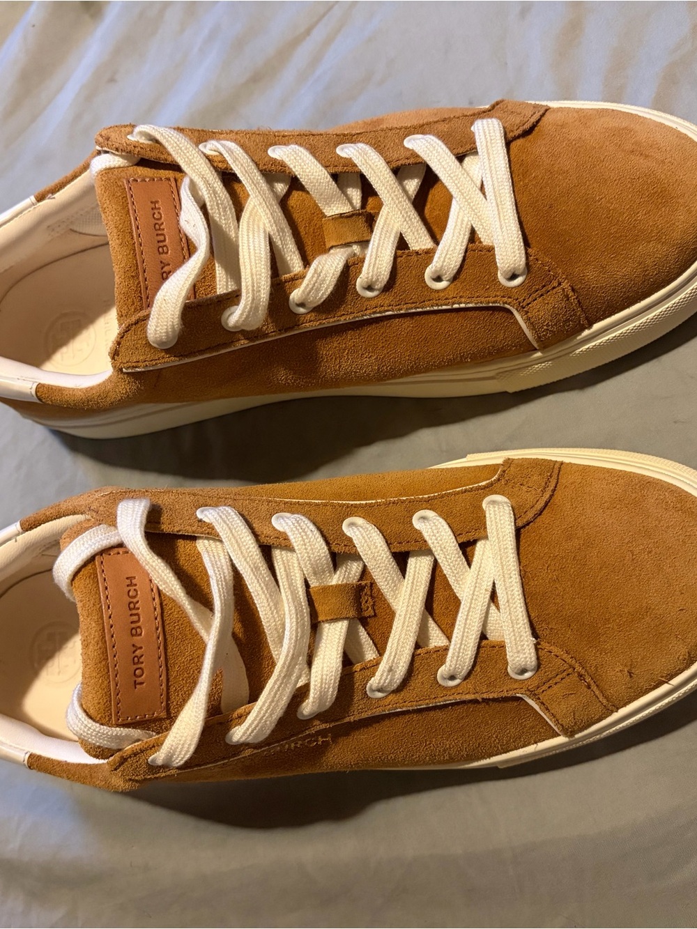 Tory Burch Camel Suede Low-Top Sneakers with Cream Accents - Picture 14 of 16